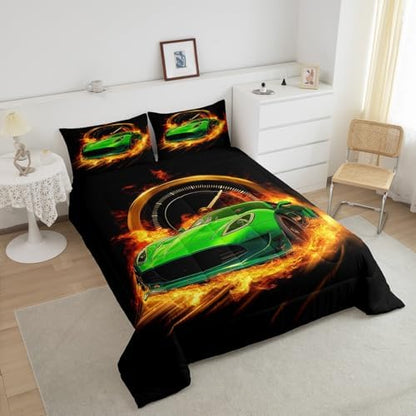 Erosebridal King Size Race Car Comforter Set for Boys Girls,Green Cars Toddler Bedding Set Race Car Room Decor for Boys,Kids Sports Car Bedding Sets Lightweight Soft Racing Car Quilt Bed Set 3Pcs