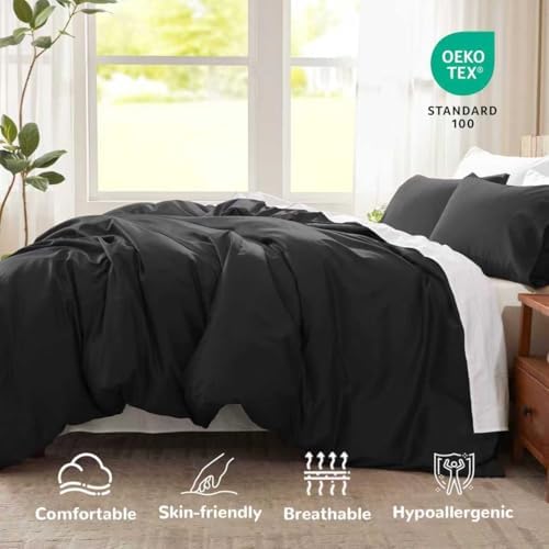 Full Duvet Cover Set, 100% Egyptian Cotton, 1600 Thread Count, Ultra Soft & Breathable Luxury Bedding with Zipper Closure & Corner Ties, 3PCS(Black, 80''x90'')