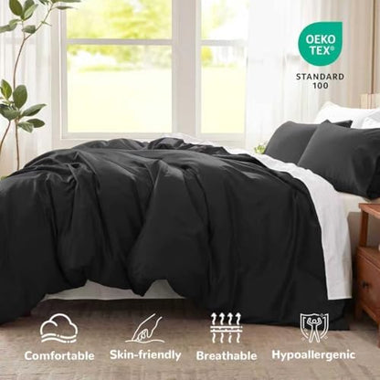 Full Duvet Cover Set, 100% Egyptian Cotton, 1600 Thread Count, Ultra Soft & Breathable Luxury Bedding with Zipper Closure & Corner Ties, 3PCS(Black, 80''x90'')