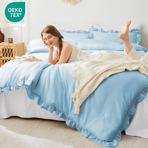 FUANNA Queen Comforter Set, 3 PCS Bedding Sets, Ruffle Bed Set, Light Blue