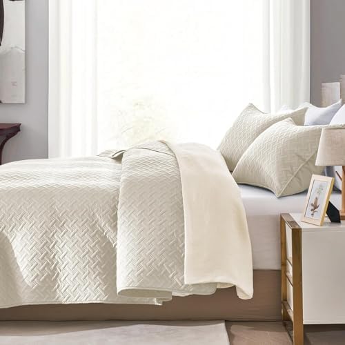 FLYMME Quilts Queen Size,Lightweight Cream Bedspreads,Basket Weave Pattern,Ultra Soft Microfiber Bed Coverlet 3 Pieces for All-Seasons (1 Quilt,2 Pillow Shams)
