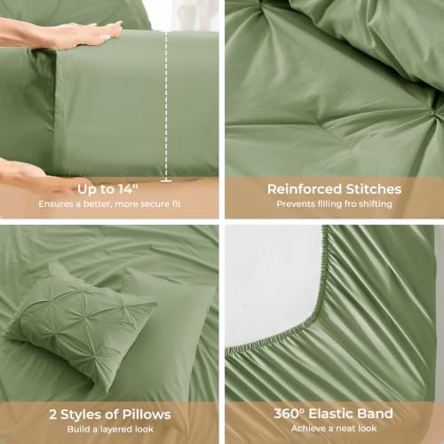 Sasttie Queen Comforter Set, 7-Piece Bed in a Bag, Pintuck Bedding Sets for All Season, Includes Comforter, Flat Sheet, Fitted Sheet, Pillowcases and Pillowshams, Pale Green