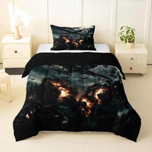 Erosebridal Vintage Fighter Airplane Toddler Bedding Set Military Aircraft Comforter Set for Kids Boys Girls Realistic 3D Print Cloud Flame Aviation Down Comforter Plane Quilt Duvet