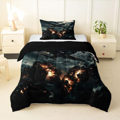 Erosebridal Vintage Fighter Airplane Toddler Bedding Set Military Aircraft Comforter Set for Kids Boys Girls Realistic 3D Print Cloud Flame Aviation Down Comforter Plane Quilt Duvet