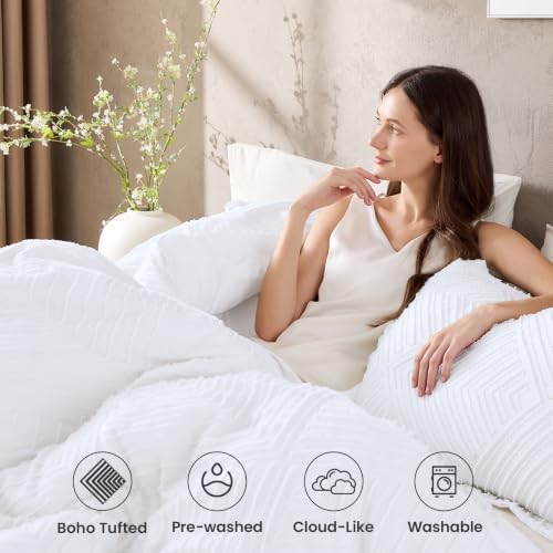 JOLLYVOGUE Twin/Twin XL Comforter Set, Boho Tufted 2PCS Bed Set, White
