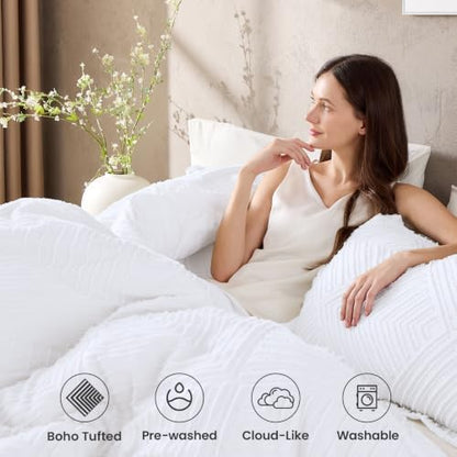 JOLLYVOGUE Twin/Twin XL Comforter Set, Boho Tufted 2PCS Bed Set, White