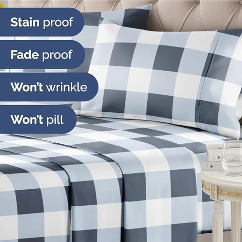 King 4 Piece Striped Sheet Set - Soft, Breathable & Cooling - Navy Gingham
