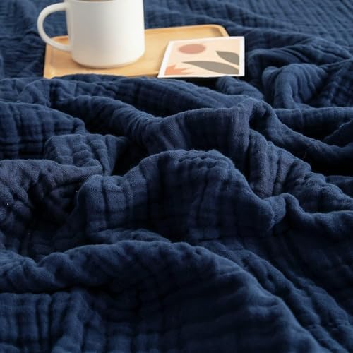 EMME Muslin Blankets for Adults Throw Blanket for Couch Breathable Gauze Soft Lightweight Airy Navy King 108" x 90"