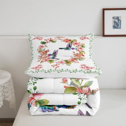 Homewish Spring Hummingbird Comforter Set King Size,Cherry Blossom Bedding 3pcs, Green Leaves Botanical Quilted Duvet Nature Animals Insert,2 Pillowcases (TYTS6656ZMD-BZ_USk)