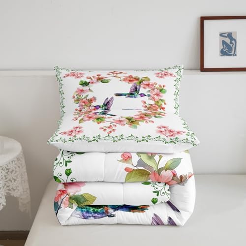 Homewish Spring Hummingbird Comforter Set Full Size,Cherry Blossom Floral Bedding 3pcs for Kids Girls Women Room Decor,Green Leaves Botanical Quilted Duvet Nature Animals Insert,2 Pillowcases