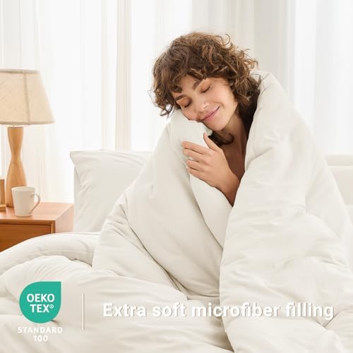 MUXHOMO 7 Pieces Oversized King Comforter Set, Soft Bed in a Bag Oversized King Size, All Season Bedding Set with Comforter, Flat Sheet, Fitted Sheet, Pillowcases & Shams, Ivory