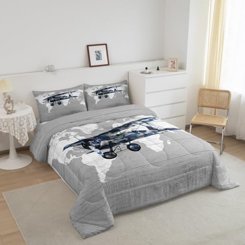 Erosebridal Aircraft Twin Bedding Sets for Boys Girls Kids,Map Comforter Set Aviation Decor for Boys Room,Navy Blue Camo Airplane Comforter Set Lightweight Vintage Air Plane Quilt Bed Set 2Pcs