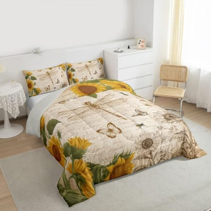 Dragonfly Bedding Sets King Botanical Floral Comforter Set Sunflower Bedding for Boys Girls Vintage Style Duvet Insert Wild Animals Dragonfly Quilt Field Floral Fresh Natural Pastoral Spring Bedding