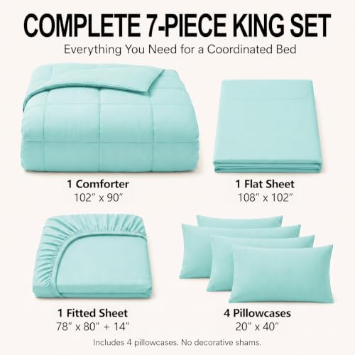 CozyLux King Size Comforter Set Spa Blue - 7 Pieces Bed in a Bag