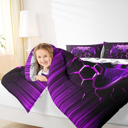 Manfei Geometric Gamepad Comforter Set Twin Size, Modern Gamer Bedding Set 2pcs for Kids Boy Girls Game Room Decor, Purple Honeycomb Gaming Down Comforter Videogame Quilt Set with 1 Pillowcase