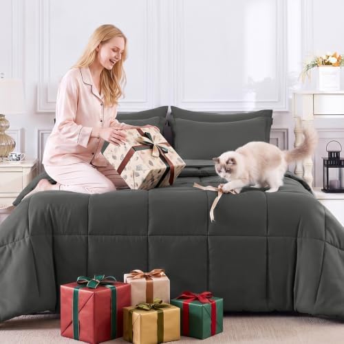 CozyLux Oversized King Comforter Set, 7-Piece Bed in a Bag, Dark Grey