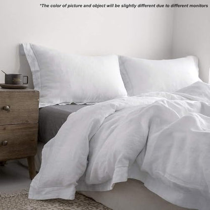 Simple&Opulence 100% Linen Duvet Cover Set with Embroidery Border Washed - 3 Pieces (1 Duvet Cover with 2 Pillow Shams) with Button Closure Soft Breathable Farmhouse - White, Full Size