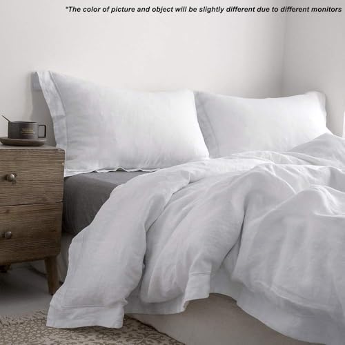Simple&Opulence 100% Linen Duvet Cover Set with Embroidery Border Washed - 2 Pieces (1 Duvet Cover & 1 Pillow Sham) with Button Closure Soft Breathable Farmhouse - White, Twin Size