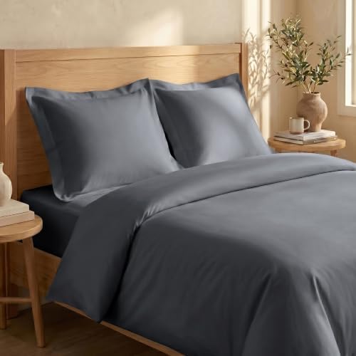 BIOWEAVES 100% Organic Cotton King Duvet Cover Set, 3-Piece, 300 Thread Count Sateen Weave GOTS Certified Comforter Cover with Buttoned Closure and 2 Pillow Shams – Gray, 104x90 inches