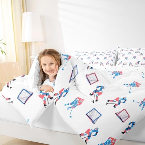 Hockey Players Kids Bedding Set King Size, Comforter Set,Winter Sports Games Quilt Comforter,White Blue Bedroom Duvet Insert,2 Pillowcases