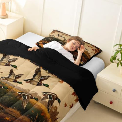 Feelyou Mallard Duck Bedding Set Soft for Boys Girls, Wild Duck Hunting Comforter Set Toddler Size Cabin Farmhouse Duvet Quilt Microfiber Maple Leaf Bedroom Decor 2 Pcs with 1 Pillow Cases