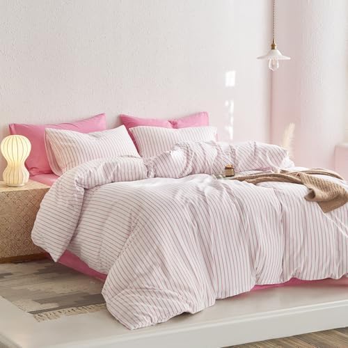 Wake In Cloud Striped Cotton Duvet Cover Set, Pink White, King