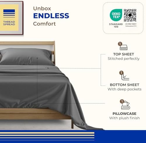 THREAD SPREAD Twin XL Size Bed Sheets Set, Luxury 1000 Series 100% Egyptian Cotton Sheets Twin XL Size (3 PC, Dark Grey), Silky Soft, Cooling, Sateen Weave, 16" Deep Pocket Hotel Quality Sheet Set