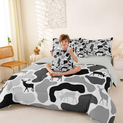 Erosebridal Camo Bed in A Bag 7 Pcs Wild Hunting Deer Comforter Set for Kids Boys Girls Vintage Grey Black Bedding Sets Full Wildlife Camouflage Sheet Set with Comforter