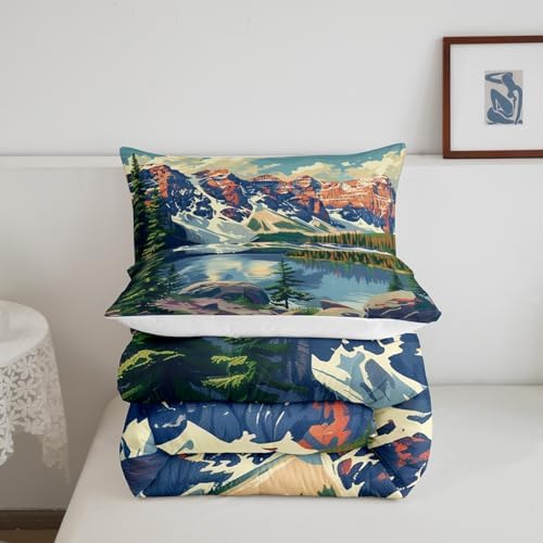 Lake House Comforter Set Full Size,Camping Adventure Theme Duvet Insert 3Pcs,Mountain Lake Woodland Nature Bedding Set for Kids Teens Adults Room Decor,Fishing and Hunting Quilt Set,2 Pillowcases