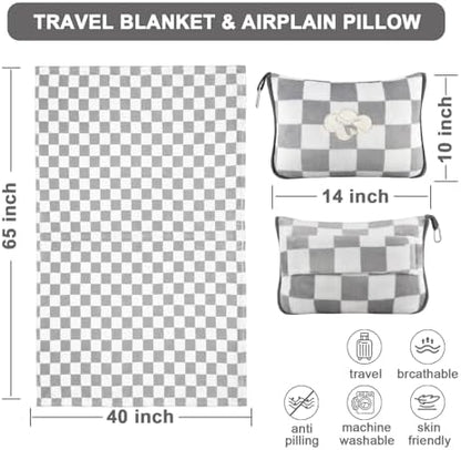 Travel Blanket and Pillow Compact, Premium Soft 2 in 1 Airplane Blanket with Soft Bag Pillowcase，Hand Luggage Sleeve and Backpack Clip (Grey Checkered)