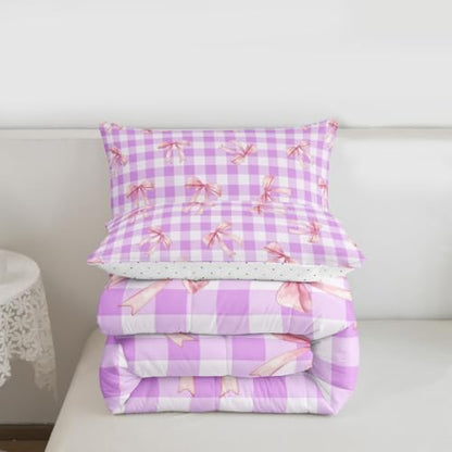 jejeloiu Checkerboard Bowknot Bedding Set Girls Comforter Set Full Size