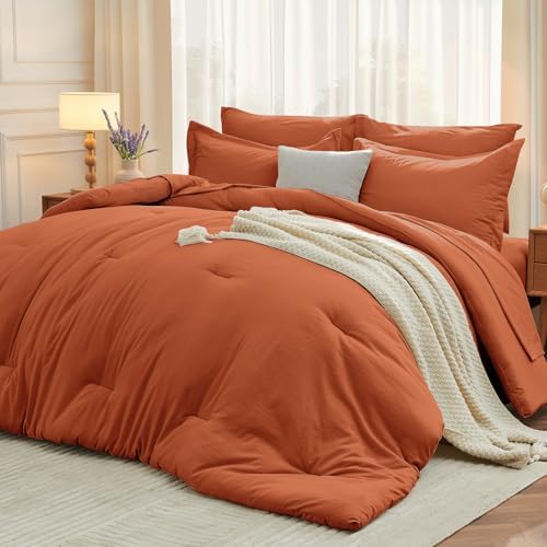 MUXHOMO 7 Pieces Oversized King Comforter Set, Soft Bed in a Bag Oversized King Size, All Season Bedding Set with Comforter, Flat Sheet, Fitted Sheet, Pillowcases & Shams, Burnt Orange