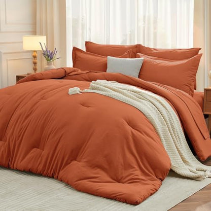 MUXHOMO 7 Pieces Oversized Queen Comforter Set, Soft Bed in a Bag Oversized Queen Size, All Season Bedding Set with Comforter, Flat Sheet, Fitted Sheet, Pillowcases & Shams, Burnt Orange