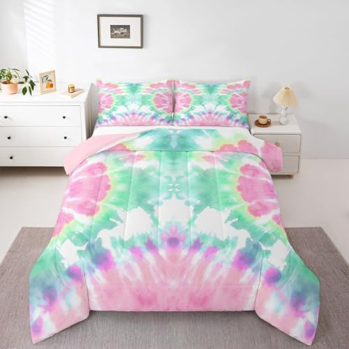 Erosebridal Kids Tie Dye Comforter Set, Bohemian Psychedelic Duvet Sets Twin Size for Girls Boys Teens Women Bedroom, Boho Gypsy Spiral Bedding Set Watercolor Trippy Duvet Insert, Pink Teal Blue