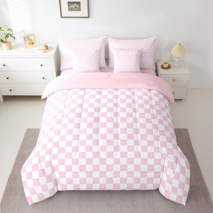 jejeloiu Pink and White Bedding Set 7Pcs King Size Kids Plaid Checkered Comforter Set with Sheets for Boys Girls Classic Grid Buffalo Check Bed in a Bag Soft Lightweight,Microfiber