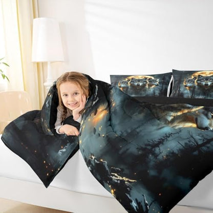 Wolf Kids Comforter Set Full Size,Pine Trees Moonlight Rustic Bedding Set,Girls Boys Room Decor,Wildlife Animals Adventure Lake House Quilt Comforter,Farmhouse Country Duvet Insert,2 Pillowcases