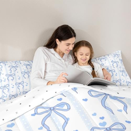 Castle Fairy Blue Bowknot Comforter Set Toddler Size,Cute Heart Print Blue Ribbon Bedding Set,Kids Teens Adult Room Decor,Dreamy Princess Bowknot Down Comforter,2 Pcs 1 Pillowcase