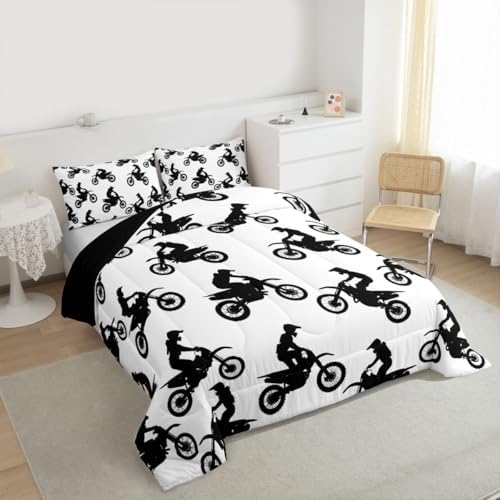 Feelyou Dirt Bike Bedding Set Soft for Boys Girls, Motocross Rider Comforter Set Toddler Sporty Silhouette Design Duvet Quilt Outdoor Sports Bedroom Decor Motorcycle Art 2 Pcs with 1 Pillow Cases