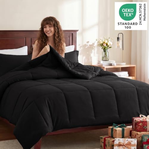 CozyLux Oversized Queen Comforter Set, 3-Piece Box-Stitched, Black