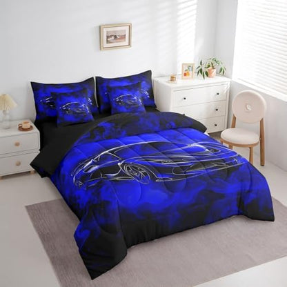 Feelyou Speed Sports Car Comforter Set with Sheets Twin Size Kids Smoky Race Car 7 Pieces Bedding Set for Boys Girls Teens Racing Car Bed in a Bag Breathable Extreme Sports Bed Set Black Blue