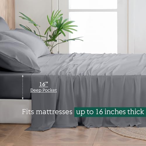 Cooling Sheets Set Queen Size, Viscose Derived from Bamboo for Hot Sleepers | Deep Pocket Up to 16 Inch | Silky Soft & Breathable Bedding - 4PC (Queen, Light Grey)