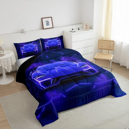 Feelyou Boys Sports Car Bedding Set Toddler Size,Blue Black Race Car Comforter Set,Boys Bedroom Room Decor,Geometric Hexagon Racing Car Comforter,Cool Speed Luxury Car Decor Bed Set for All Season