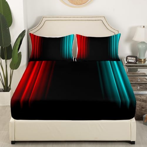 Feelyou Teens Abstract Ombre Decorations Bedding Set for Kids Women Red Teal and Black Bed Sheets Set Geometric Modern Fitted Sheet Sets Room 4Pcs Queen Size