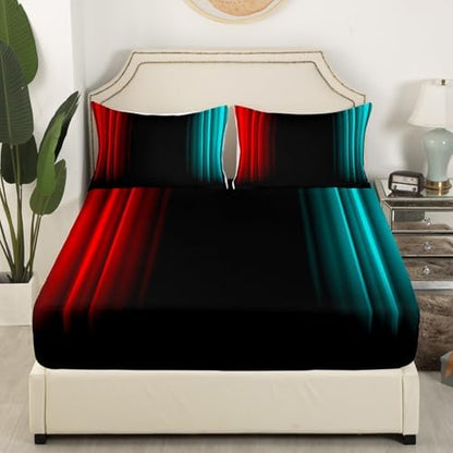 Feelyou Teens Abstract Ombre Decorations Bedding Set for Kids Women Red Teal and Black Bed Sheets Set Geometric Modern Fitted Sheet Sets Room 4Pcs Queen Size