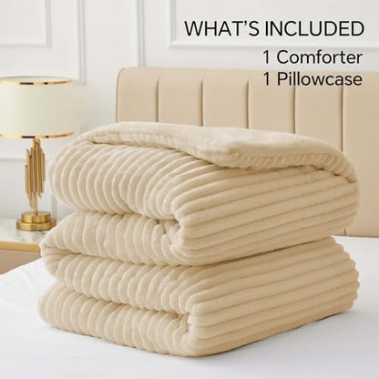 BEDELITE Fleece Twin/Twin XL Comforter Set, Fluffy Bed Set, Beige