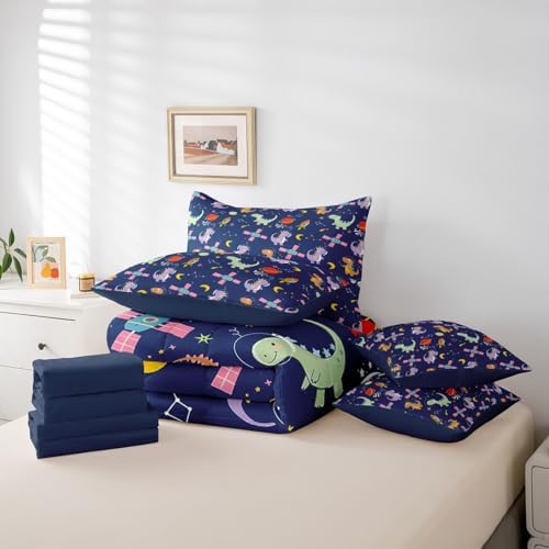 Feelyou Kids Cute Dinosaur 7 Piece Bedding Set Twin Size Solar System Comforter Set with Sheets for Boys Girls Moon Star Print Bed in a Bag Navy Blue Bed Set