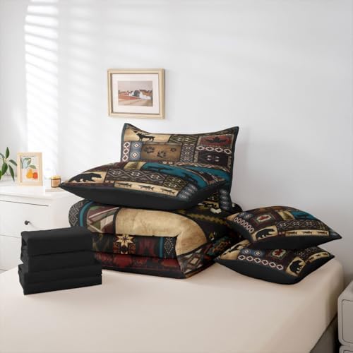 Rustic Cabin 7 Pieces Bedding Set King Size,Hunting Bear Deer Bed in a Bag,Southwestern Aztec Bed Set Includes Comforter,Sheet Set,Pillowcases & Pillow Covers,Farmhouse Tribal Bohemian Bedroom Decor