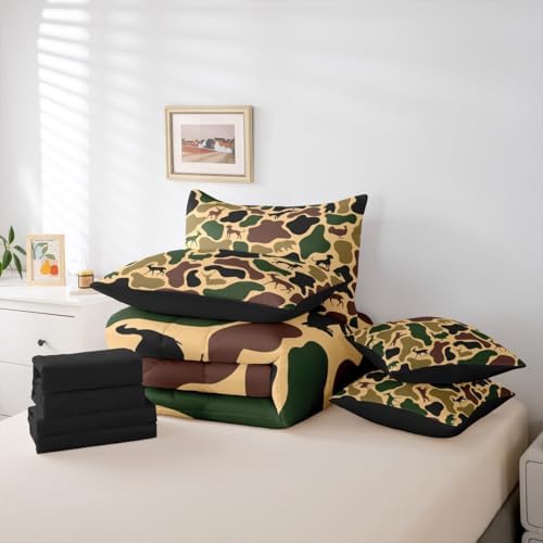 Erosebridal Hunt Bear 7 Piece Bedding Set Twin Camo Comforter Set with Sheets Wolf Turkey Deer Hound Print Bed in a Bag Yellow Brown Camouflage for Kids Boys Girls