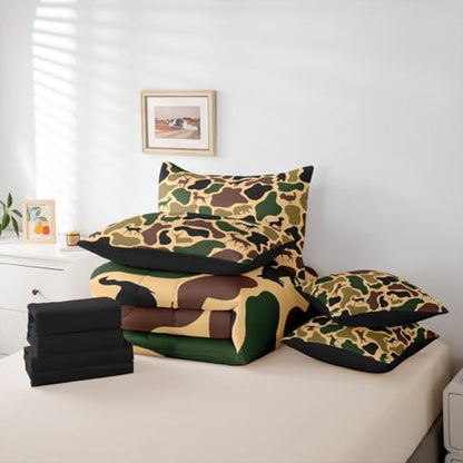 Erosebridal Hunt Bear 7 Piece Bedding Set Twin Camo Comforter Set with Sheets Wolf Turkey Deer Hound Print Bed in a Bag Yellow Brown Camouflage for Kids Boys Girls