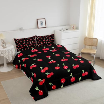 Red Cherry Comforter Set for Kids, Fruit Kawaii Bedding Set Queen, Cartoon Cute Cherry Duvet Sets for Boys Girls Women Bedroom Decor, Reversible Luxury Soft Down Comforter with 2 Pillow Cases, Black